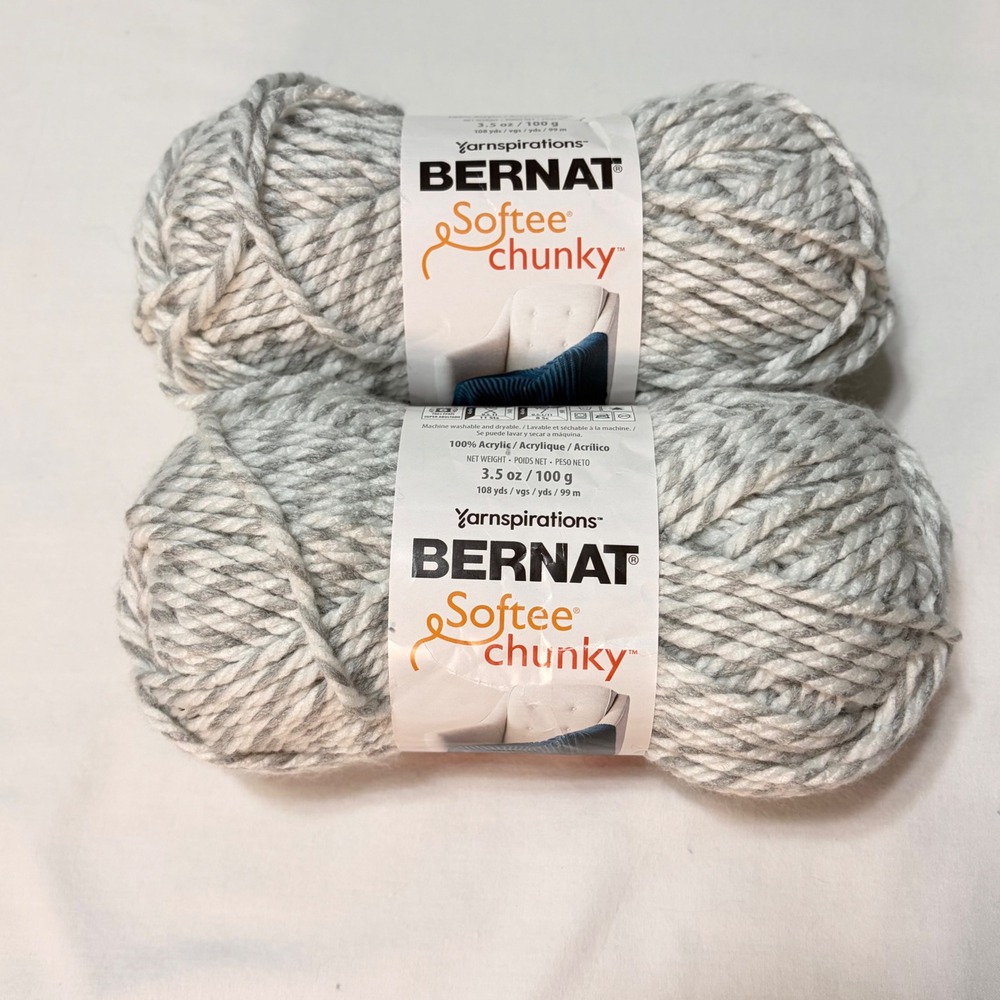 2 Yarnspirations Bernat Softee Chunky Yarn Grey Ragg Super Bulky 100g Acrylic‎